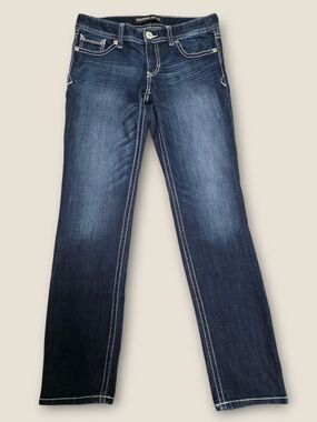 EXPRESS Stella Skinny Low Rise Dark Wash Jeans w/ White Contrast Stitching 6R